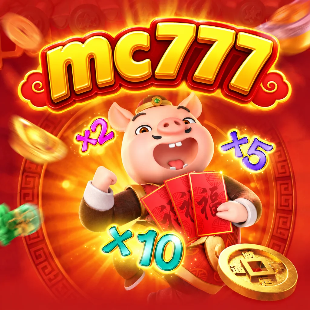 Karakter babi berbusana tradisional memegang amplop merah pada visual Piggy Gold di mc777