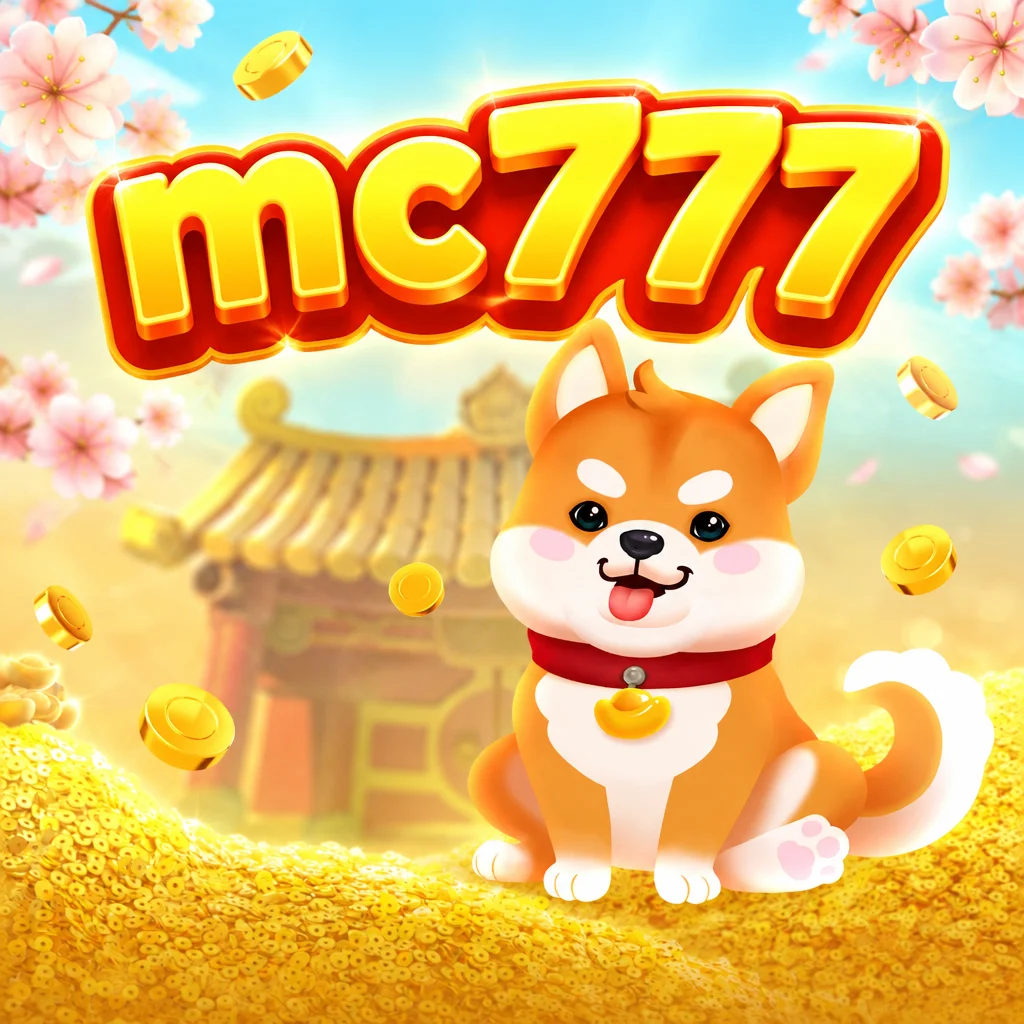 Anjing shiba inu berkalung lonceng emas di atas tumpukan koin pada visual Win Win Won di mc777